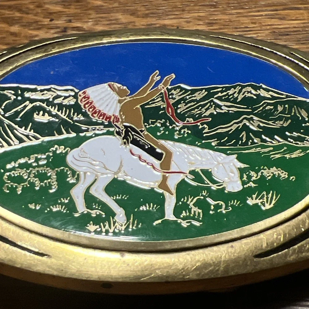 Vintage NAP Inc 1983 Solid Brass Native American Horse Mountain Belt Buckle F09